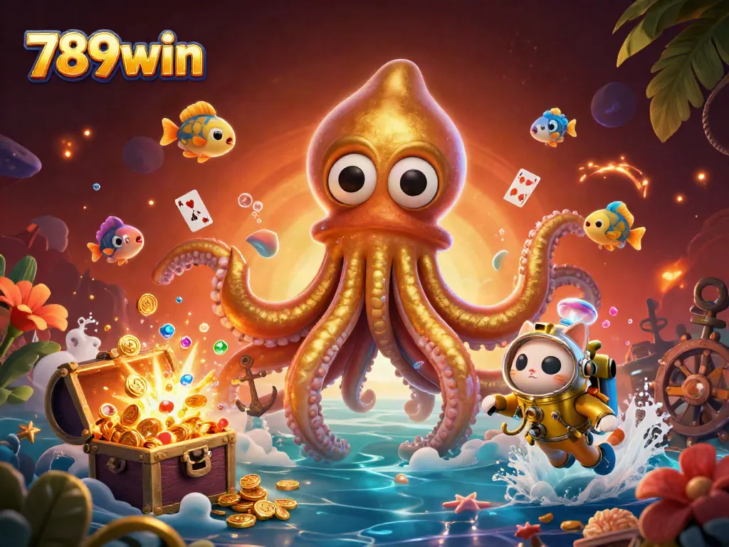 Experience the thrill of 789win with a vibrant 3D illustration showcasing a kraken amidst treasure and bioluminescent fish.