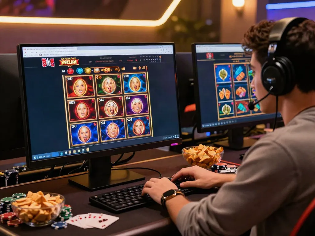 Player enjoying an immersive experience at a non UK casino online, with gaming equipment and vibrant graphics.