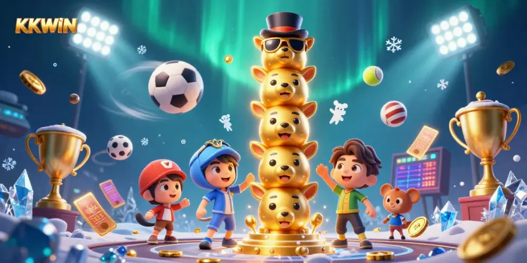 Players enjoy action-packed moments at KKWIN’s vibrant casino scene with golden elements and dynamic sports vibes.