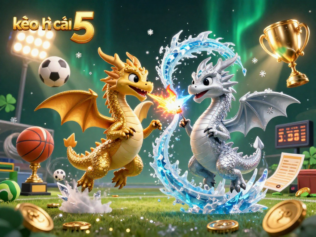 Engage with kèo nhà cái 5 in this dynamic 3D illustration featuring sports betting elements and dragons.