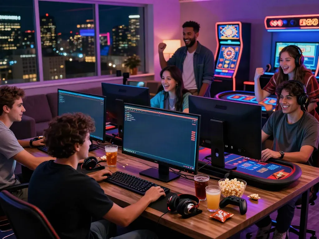 Friends enjoying an online gaming session at a non UK casino, surrounded by festive ambiance and gaming accessories.