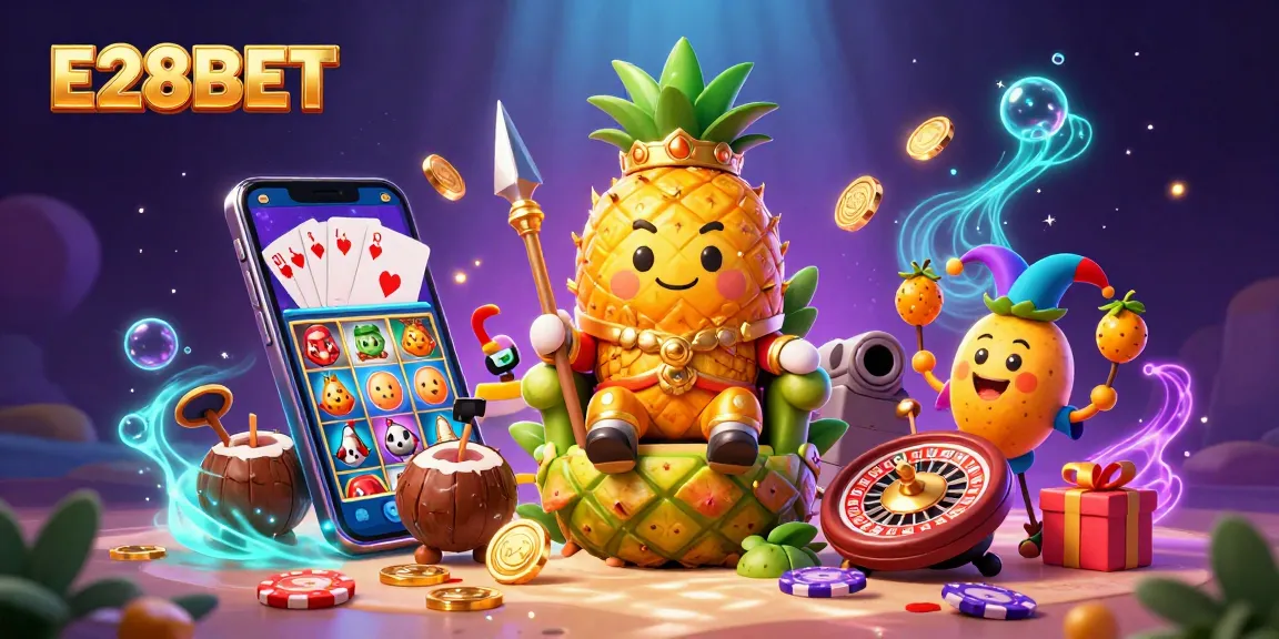 E28BET players enjoying thrilling gaming action with a golden pineapple king and fun casino elements.