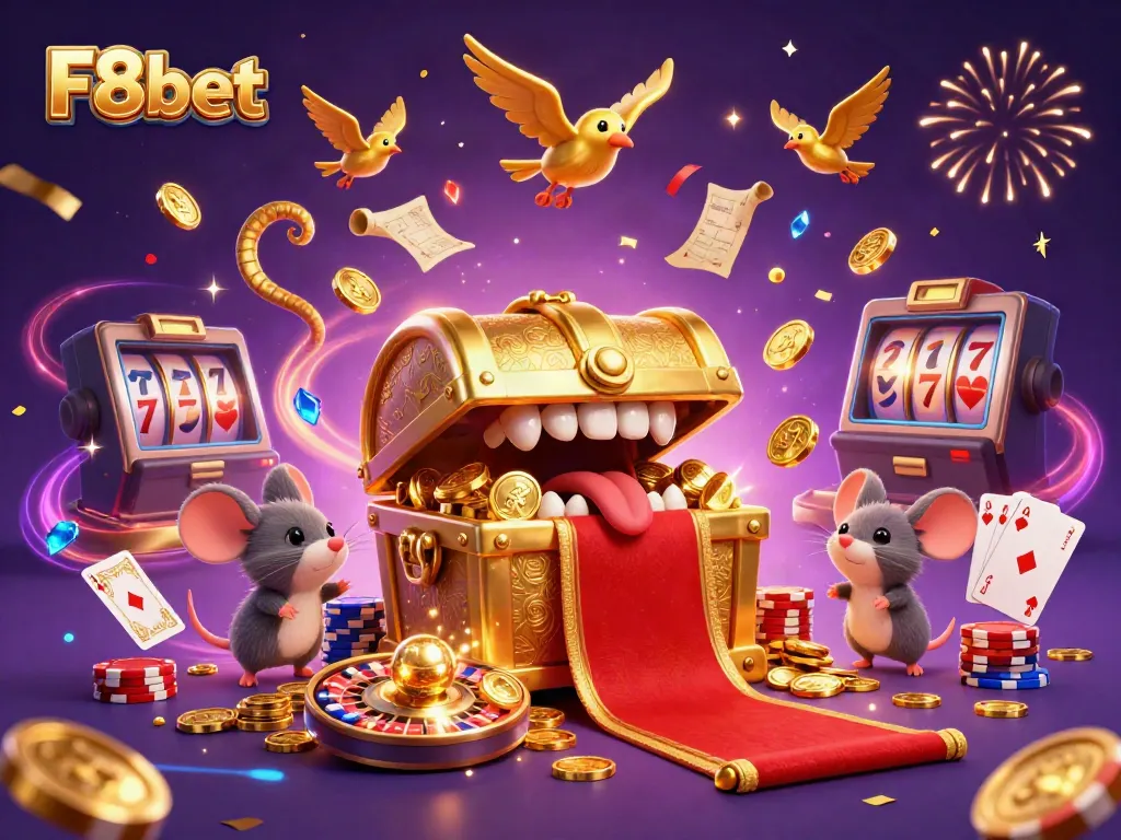 Experience the excitement of F8bet with a golden treasure chest and gaming symbols in a vibrant casino scene.