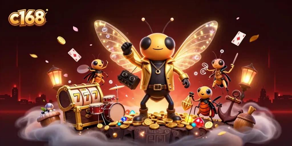 Engage with the thrilling c168 casino world featuring a cicada rock star, golden slot reels, and vibrant treasures.