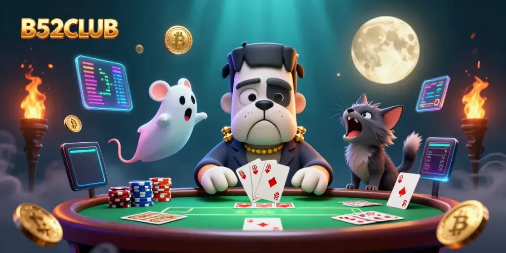 B52CLUB showcases a lively scene with a Frankenstein bulldog dealing poker while mystical characters add to the excitement of the game.