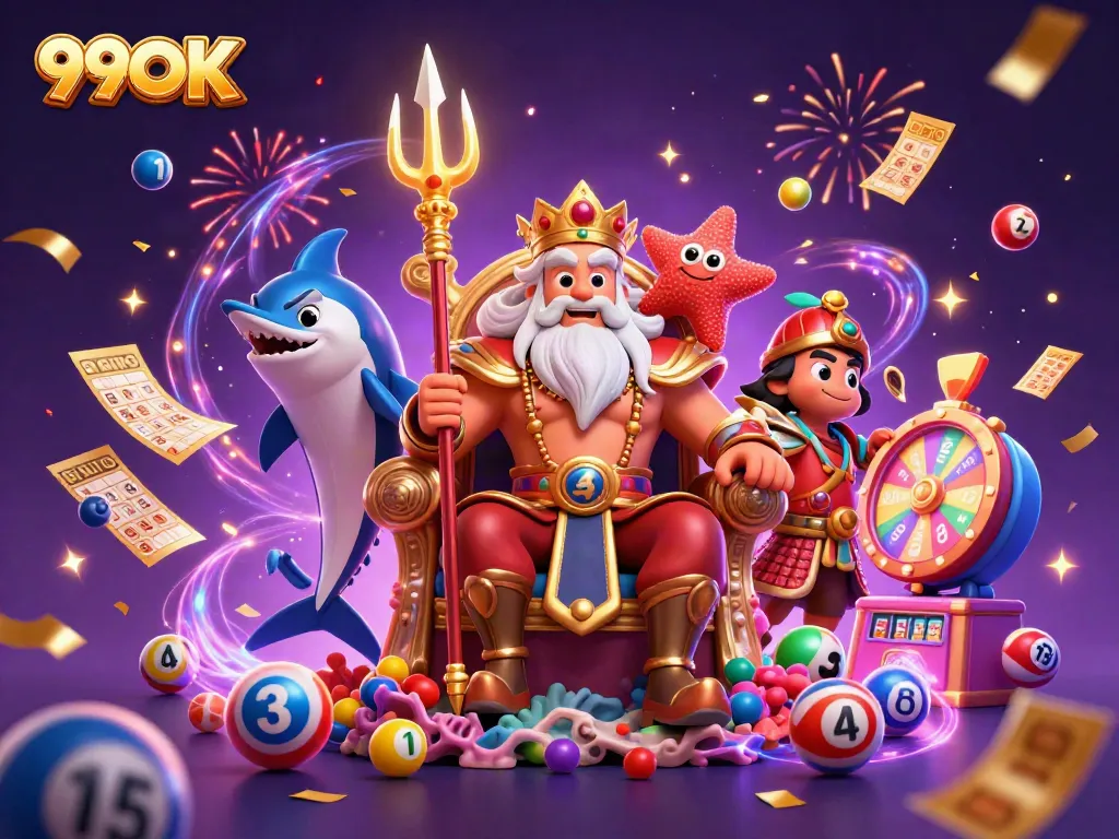 Bets fly as 99OK's Neptune celebrates a colorful lottery win with dynamic game elements.