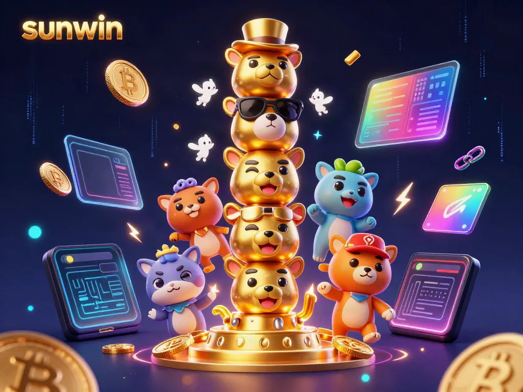 Enter the world of sunwin with a vibrant 3D casino scene filled with animated characters and cryptocurrency symbols.
