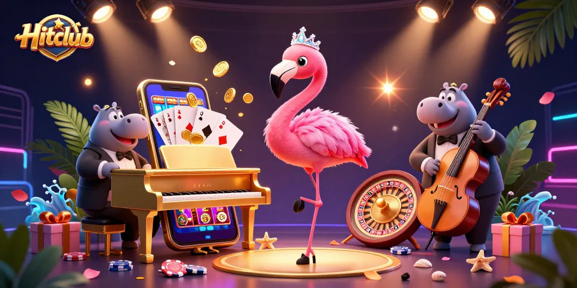 Enjoy thrilling games at Hitclub, where a flamingo and hippo entertain amidst vibrant casino elements!