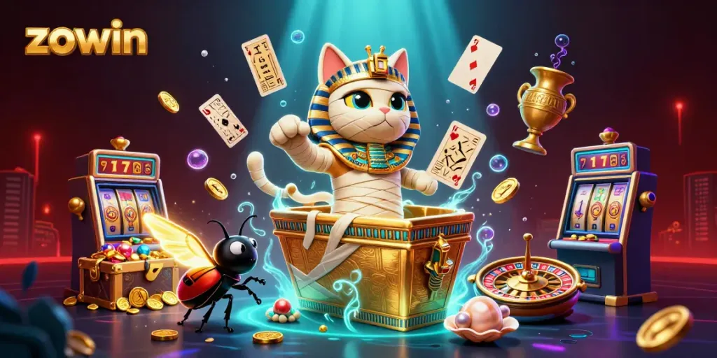 Zowin's thrilling casino experience comes alive with an Egyptian mummy cat and glimmering gold treasures.