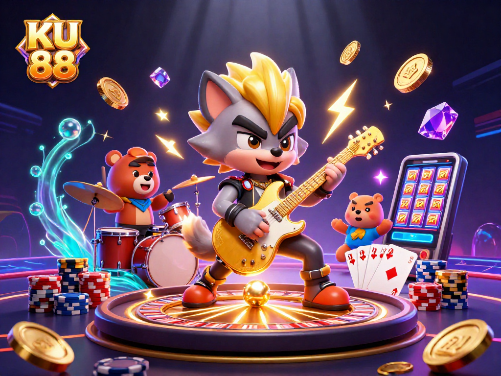 Experience the thrill of KU 88 with a vibrant casino scene featuring dynamic characters and winning moments.