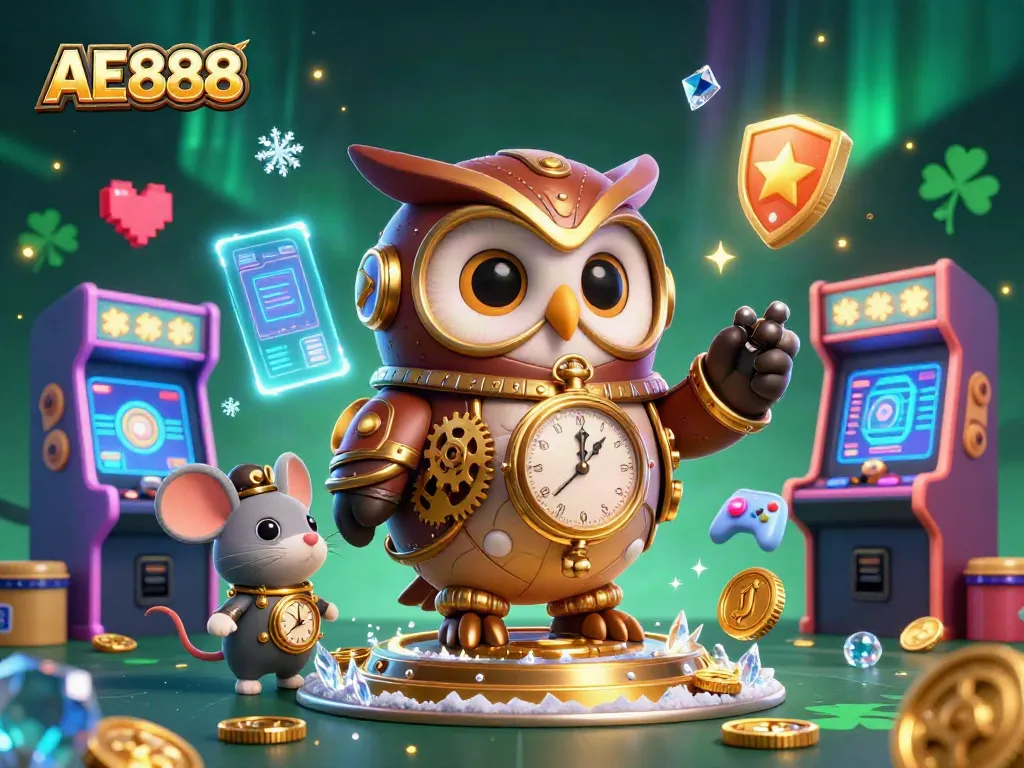 Experience the excitement of AE888 with a vibrant 3D casino illustration featuring animated characters and gaming elements.