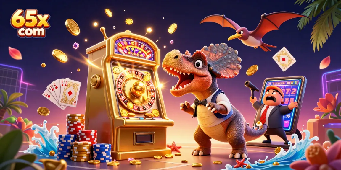 Slots e bônus no 65x com: um dinossauro em ação em um cassino.