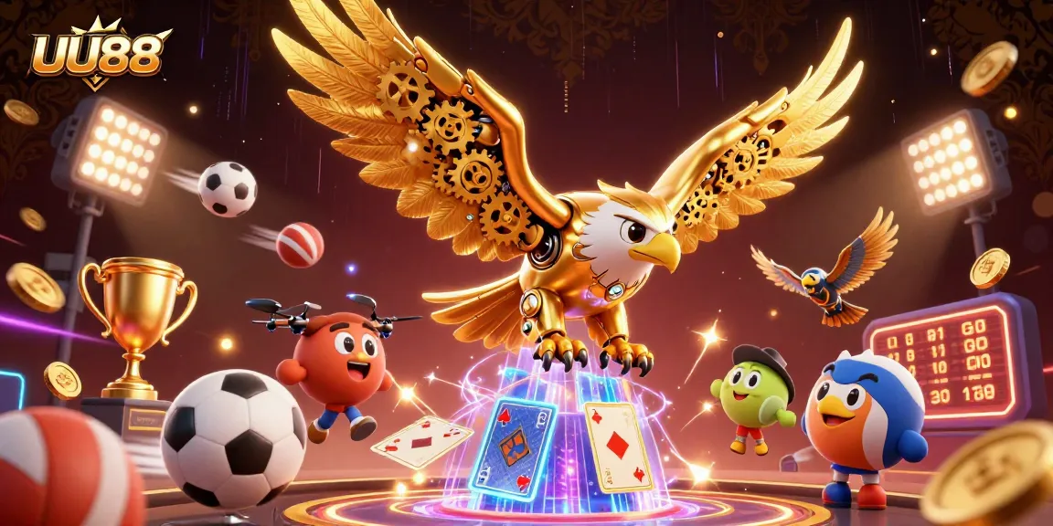 Experience thrilling gameplay at UU88 with a 3D cybernetic golden eagle amidst dynamic sports elements.