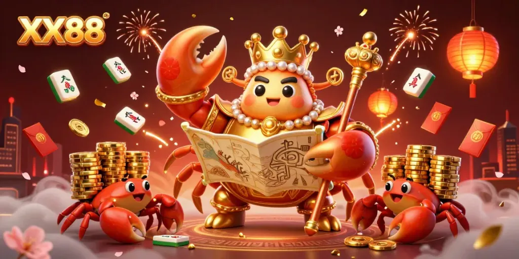 Experience the excitement of XX88 with a golden crab emperor and festive gambling symbols.