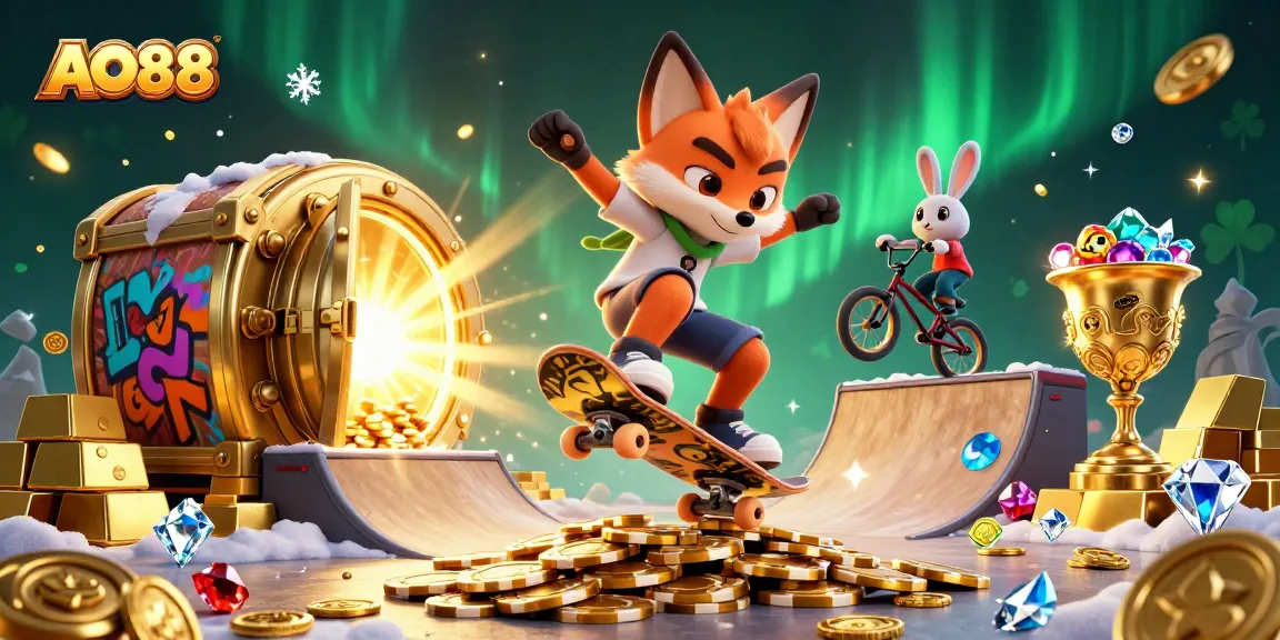 Experience exhilarating gaming at AO88 with a thrilling 3D casino scene featuring skateboarding fox and BMX rabbit surrounded by gold.