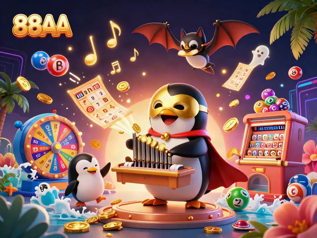 Engage with 88AA through vibrant illustrations of casino fun, featuring a penguin on an organ and dynamic lottery elements.