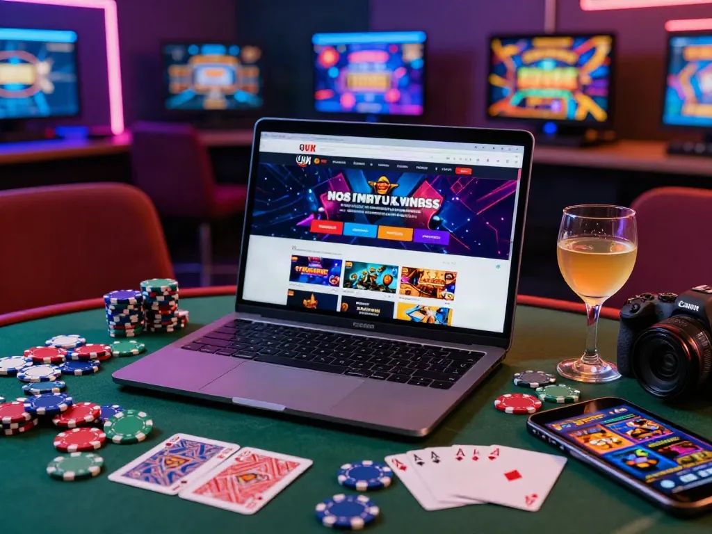 Engaging online gaming setup featuring a laptop highlighting a non UK casino website surrounded by casino chips and cards.
