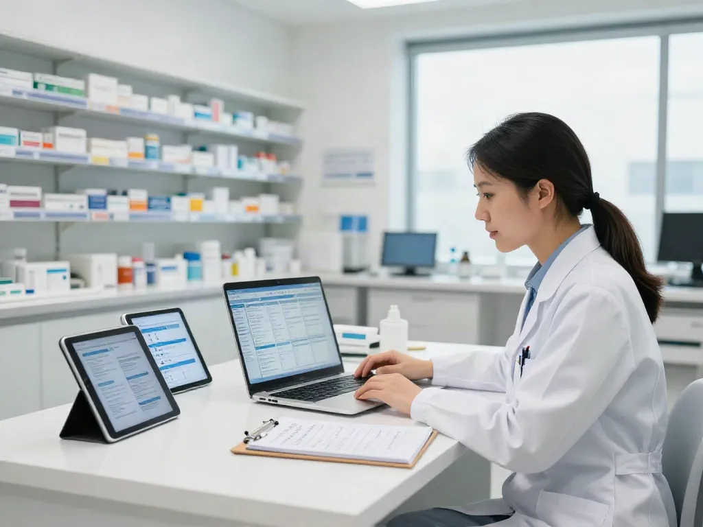 Pharmacist utilizing a digital database for Moh license verification in a modern workspace.