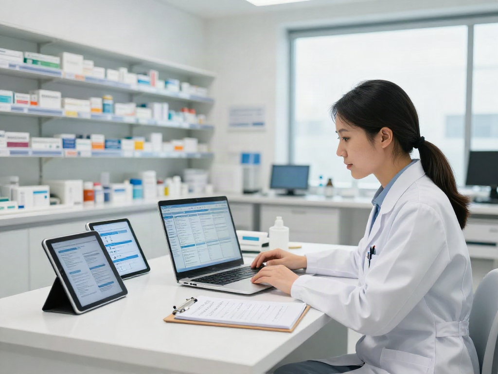 Pharmacist utilizing a digital database for Moh license verification in a modern workspace.
