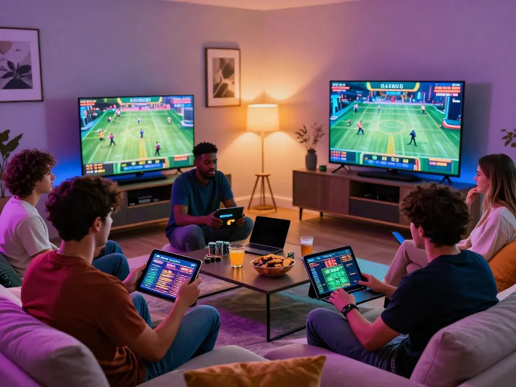 Friends enjoying an engaging gaming experience at a non-UK casino in a stylish living room setting.