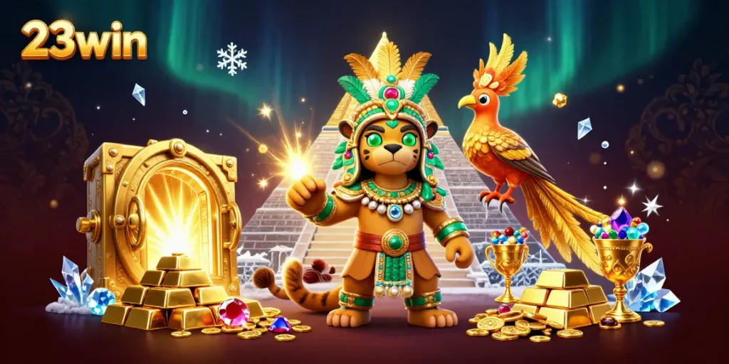 Engage in thrilling adventures at 23win, featuring a Mayan jaguar priest and treasure amidst gems.