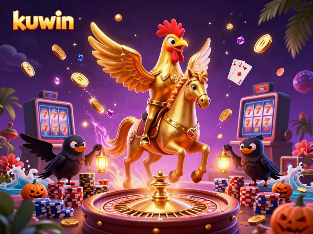 Experience kuwin's thrilling casino adventure with a golden rooster in a midnight scene.