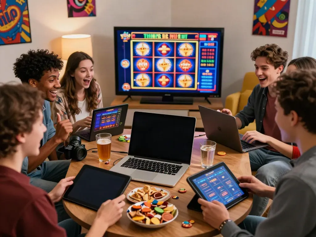 Friends enjoying a thrilling online gaming experience at a non UK casino with snacks and vibrant graphics.