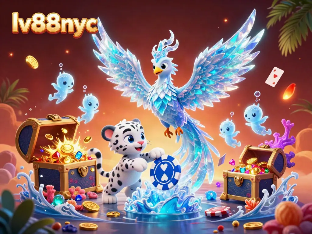 Experience luxury gaming at lv88nyc with a colorful ice phoenix and playful snow leopard in a casino-inspired scene.