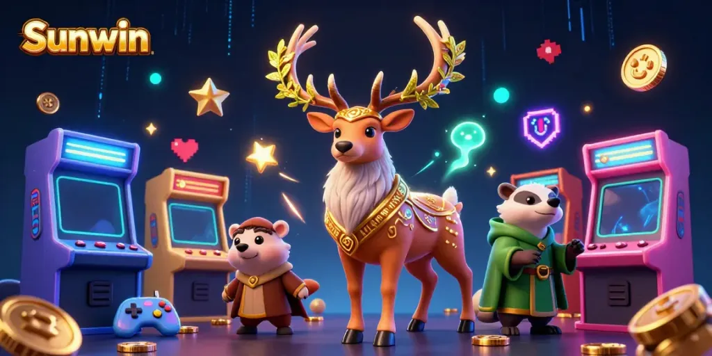 Experience thrilling games at Sunwin with a vibrant 3D illustration of a druid stag alongside game elements.