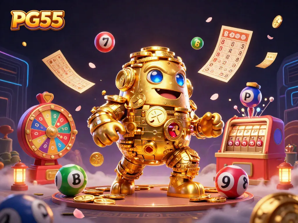Enjoy thrilling action at PG55 with vibrant games, colorful lottery balls, and an enchanting golem.