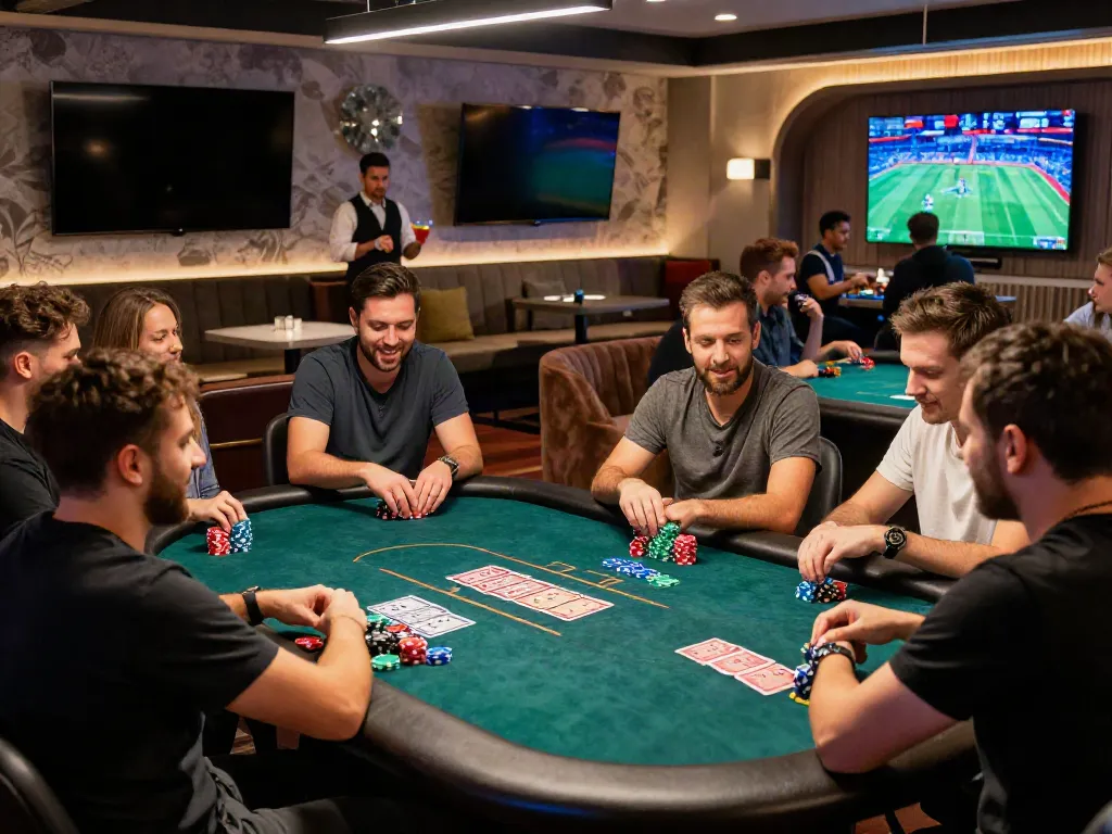 Players enjoying games at a non UK casino with vibrant atmosphere.