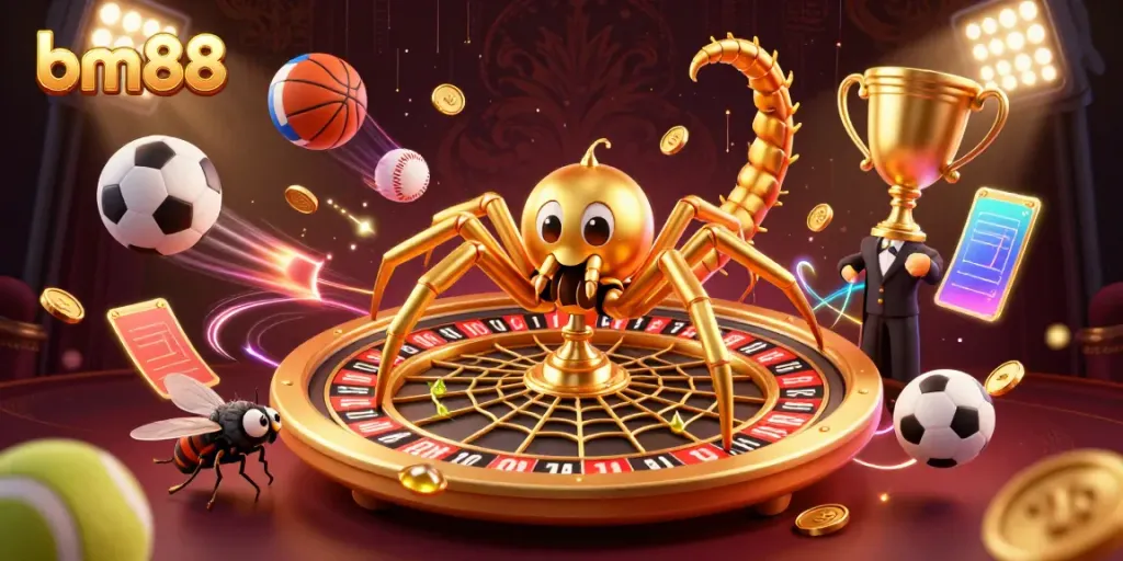 Experience thrilling bets at bm88 with a golden spider spinning a roulette web and a centipede croupier.