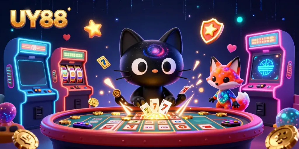 Experience UY88's thrilling casino ambiance with cosmic characters and vibrant gaming elements.