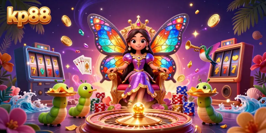 Experience fortune and excitement with kp88's vibrant casino world featuring lush characters and golden elements.
