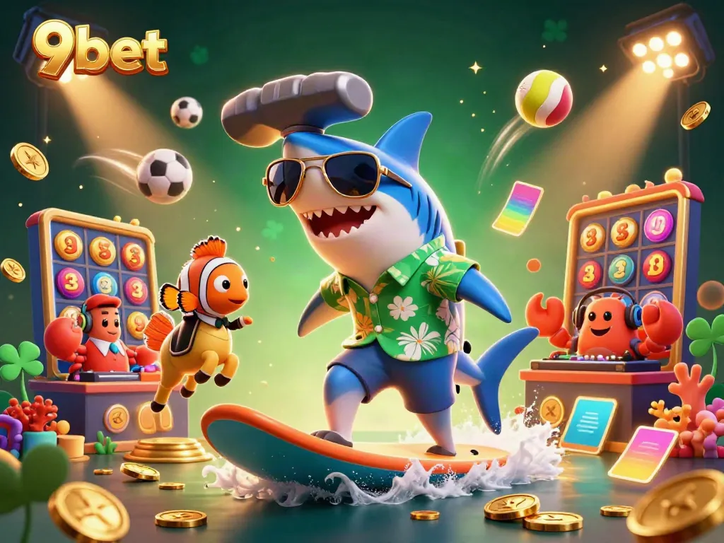 Experience the excitement of 9bet with this vibrant illustration featuring a shark surfing on gold coins.