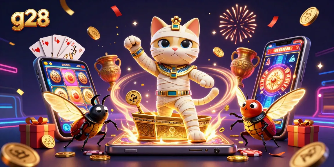 Engage with g28's vibrant casino scene featuring a mummy cat and scarab in an exciting slot game atmosphere.