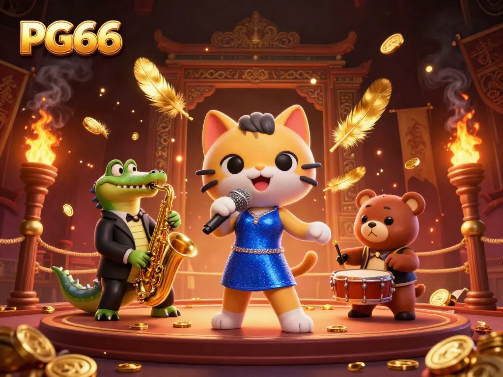 Join the entertainment at PG66 with vibrant casino characters amidst a dynamic gaming scene.