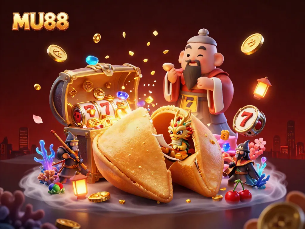 Engage with MU88's vibrant slots scene featuring a golden fortune cookie and treasure elements.
