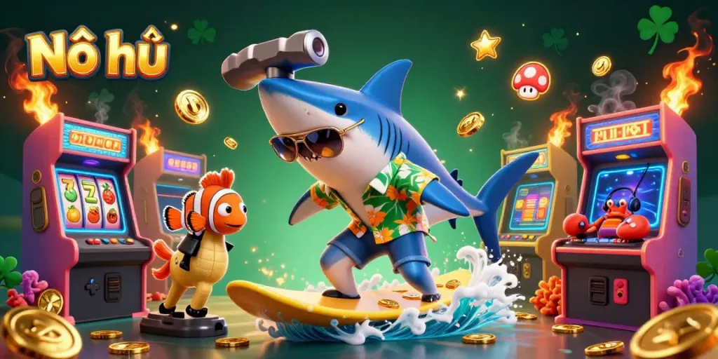 Nổ hũ shark surfing on gold coins with a clownfish and crab DJ in a vibrant casino scene.