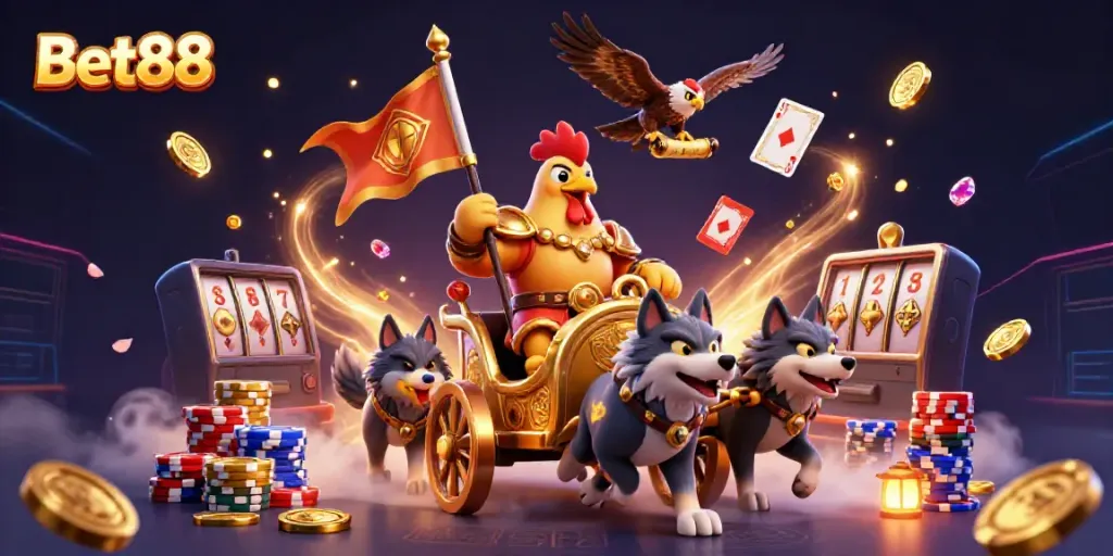 Bet88 showcases thrilling casino adventures with a rooster warlord, golden coins, and vibrant game elements.