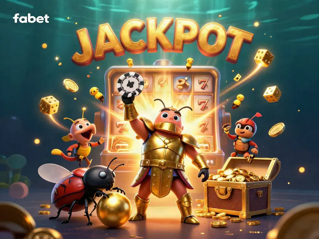 Win big with fabet as the cartoon hercules beetle claims victory amidst a jackpot explosion.