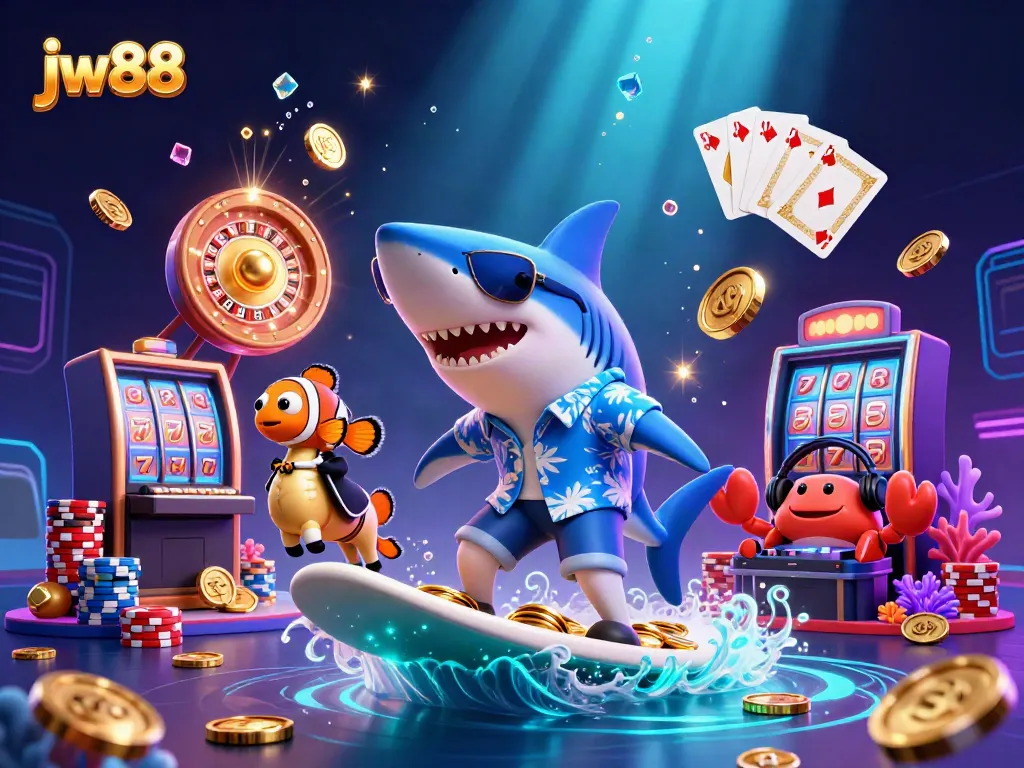 Experience the thrill of jw88 with a vibrant underwater casino scene featuring a shark, seahorse, and DJ crab.