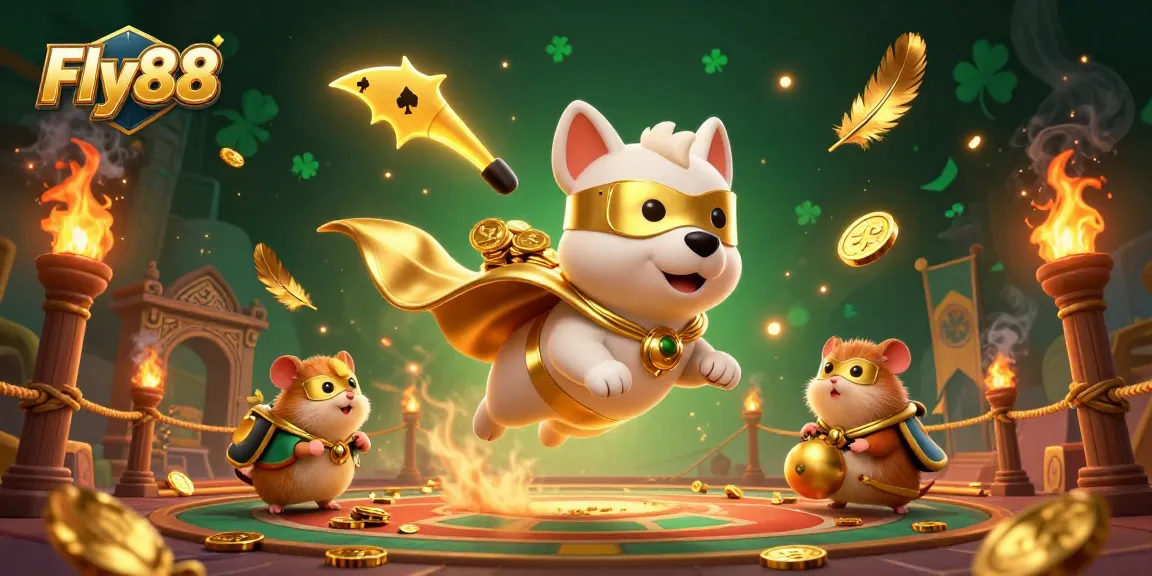 Fly88 superhero dog collects coins amid a vibrant casino atmosphere.