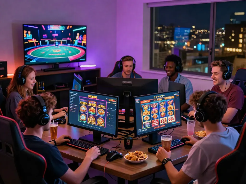 Exciting non UK casino gaming environment with diverse players enjoying online games and immersive setups.