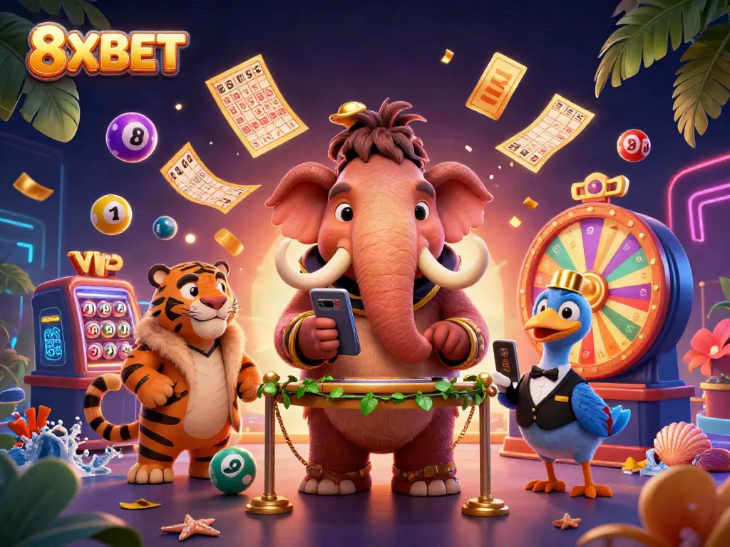 Experience thrilling moments with 8XBET as a mammoth checks IDs at this vibrant casino entrance.