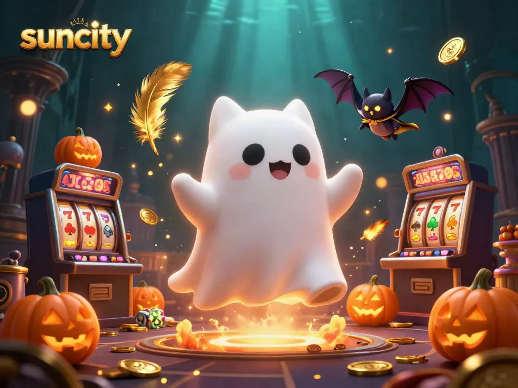 Engage with the vibrant suncity casino scene featuring a ghost cat, slot machines, and radiant jack-o-lanterns.