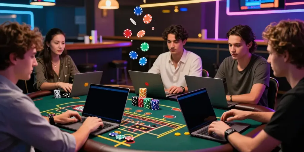 Engaging scene of players enjoying a non UK casino experience at virtual roulette tables, set in a modern and vibrant online gambling environment.