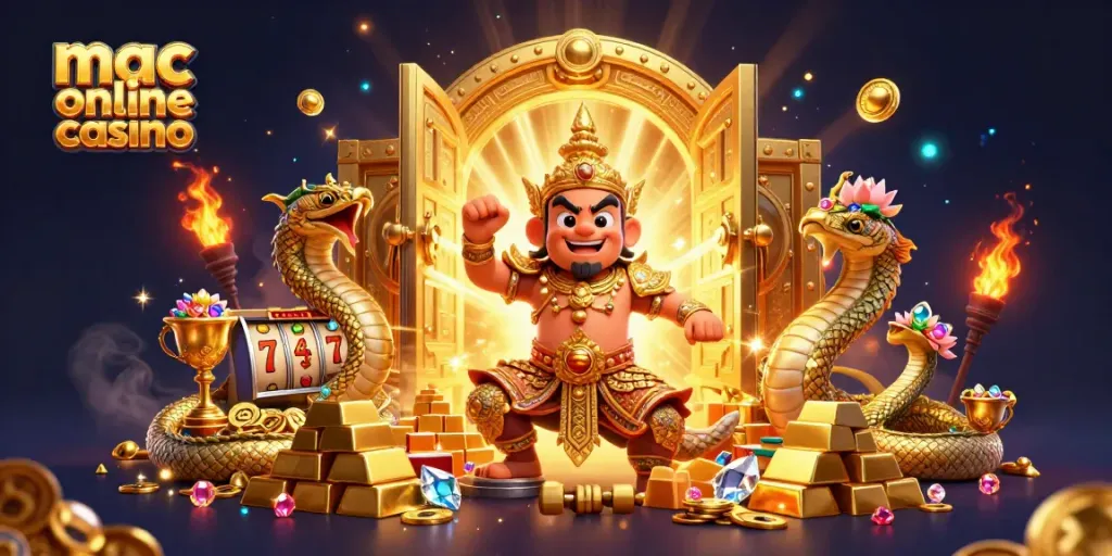 Engaging 3D illustration depicting mac online casino scene with a friendly Thai guardian and captivating treasure.