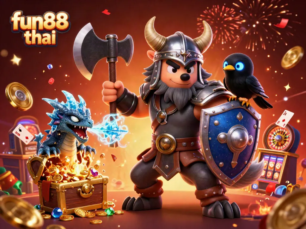 Experience excitement with fun88 thai as the Viking wolf warrior battles with a fierce dragon in this vibrant casino scene.