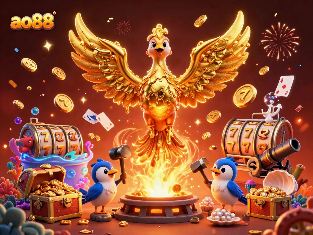 Experience exhilarating slots action at ao88 with a dynamic scene featuring a golden phoenix and vivid casino elements.